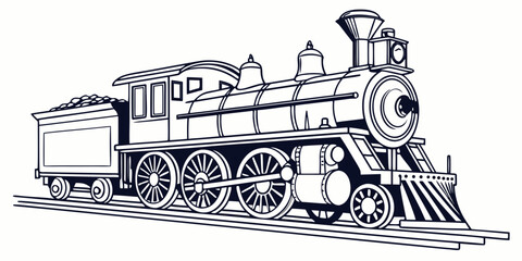 Classic steam train engine illustration on tracks with line art connecting rod locomotive railroad transport illustration industrial machinery passenger horsepower traction © Lap