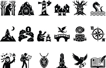 Fototapeta premium Fantasy icons set with mythical creatures and magical symbols