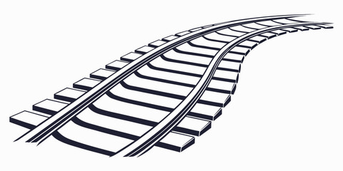 Railroad track graphic with curve train track white background public transport transportation direction illustration isolated perspective progress destination parallel sleepers carriage © Lap