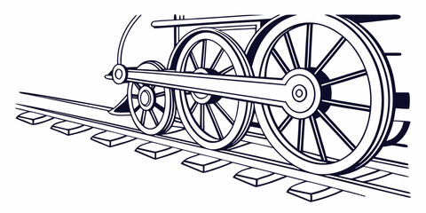 Close-up illustration of a vintage steam train wheel on railroad tracks with steam engine public transport line art black and white old train railway track iron horse locomotive wheel railroad © Lap
