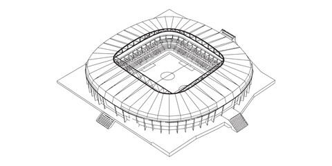 3d wireframe sketch of a modern soccer stadium arena with a football pitch and seating rows shown from an isometric high angle view for architectural design Vector, illustration © Single Outline 