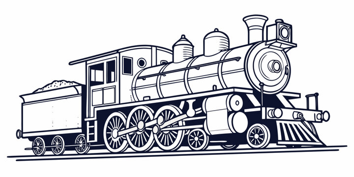 Antique steam train on railway tracks line art connecting rod steam engine locomotive railroad transport illustration industrial machinery passenger horsepower traction