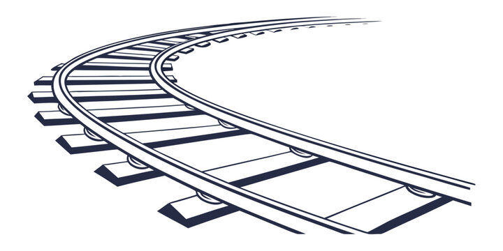Curving railroad tracks from a low angle black and white graphic train tracks line art perspective transportation destination direction industry illustration monochrome sleepers parallel