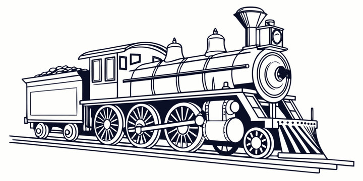 Classic steam train engine illustration on tracks with line art connecting rod locomotive railroad transport illustration industrial machinery passenger horsepower traction