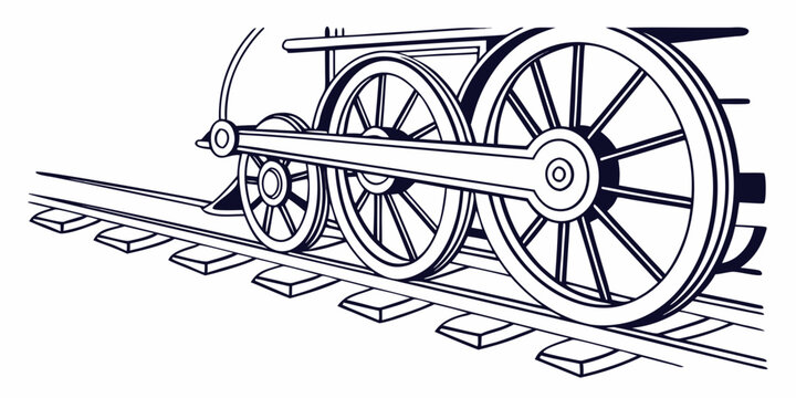 Close-up illustration of a vintage steam train wheel on railroad tracks with steam engine public transport line art black and white old train railway track iron horse locomotive wheel railroad
