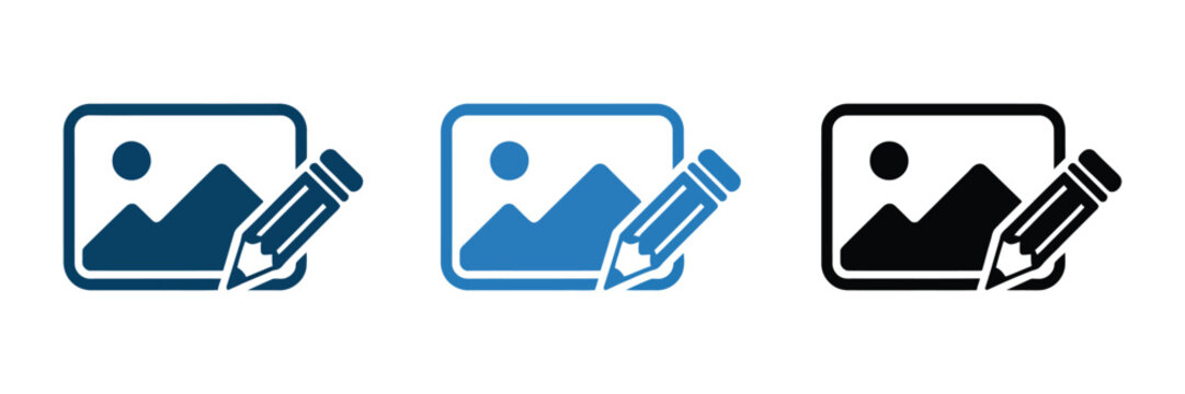 Image customization icon set with landscape frame and pencil symbols representing photo editing, graphic design tools, and digital artwork modification.