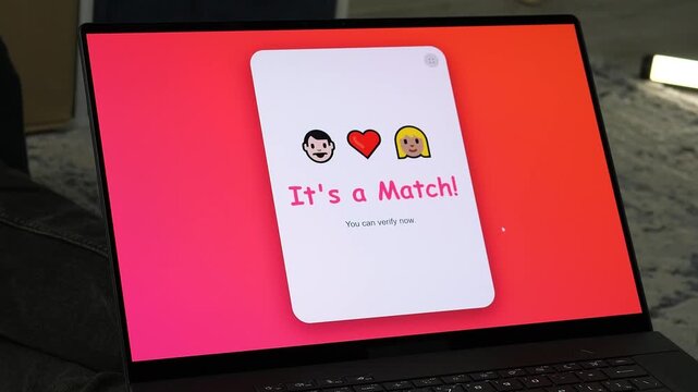 a successful match on a dating platform. The interface shows a heart animation and the message Its a Match Ideal for illustrating swiping, connection, and digital dating.