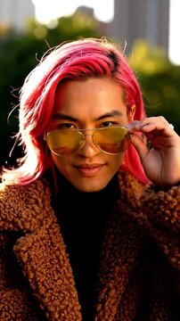 A vibrant figure with pink hair wears reflective sunglasses