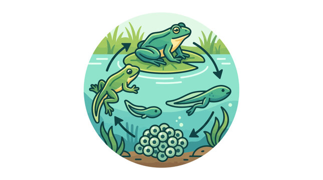 Frog Life Cycle Illustration: Eggs to Adult Amphibian in Pond Environment