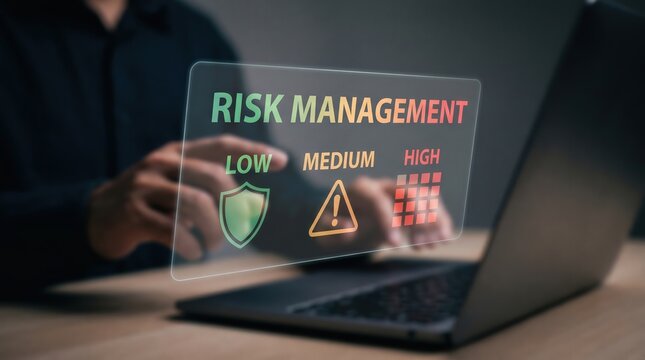 AI Risk Management, Cyber Security Shield, and Compliance Matrix Concept: Glowing Holographic Flat Text Words Low Medium High with Threat Warning Icons and Grid System Over Desk Hands