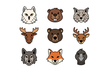 Obraz premium Woodland animal face colorful illustration design set. North American wildlife head assortment flat design element pack. Owl, beaver, lynx, moose, bear, deer, wolf, fox, raven