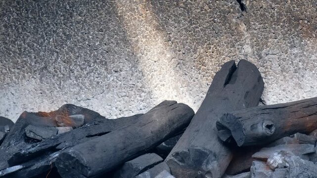 Video panorama of fire wood burning in the oven.