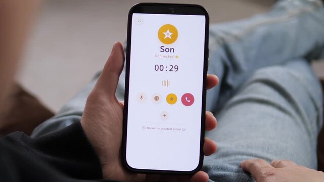 Close-up of a bright, child-friendly call interface. The screen shows a live timer and sound waves. Great for kid-safe devices, parental controls, and trusted communication platform content.