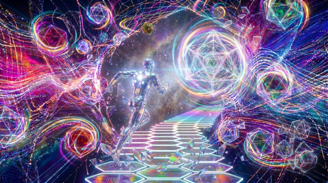 Futuristic AI Cyborg Running Towards Glowing Digital Portal, Concept of Artificial Intelligence Entering a New Era, Quantum Computing Journey, and Hyper-Speed Technology.