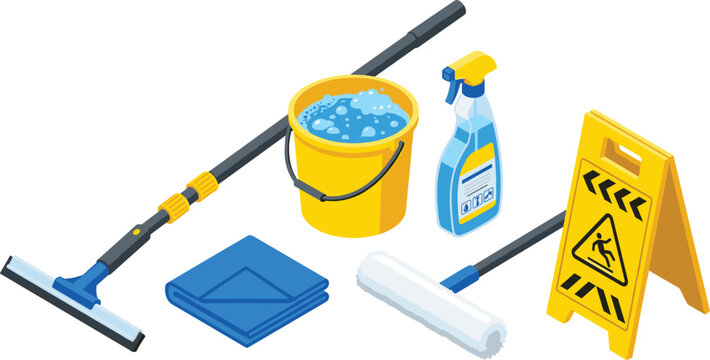 Isometric cleaning supplies set with window squeegee bucket spray bottle and wet floor sign vector