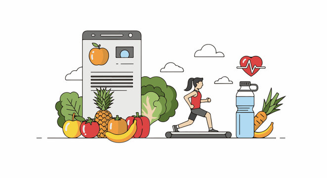 A woman runs on a treadmill surrounded by fruits and vegetables with a large smartphone and water bottle
