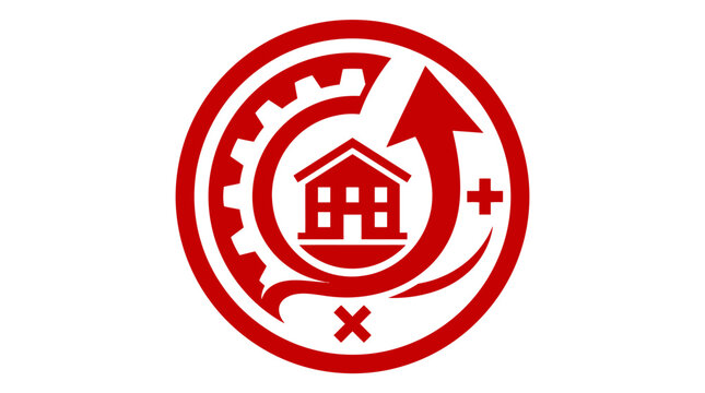 Red Circular Icon: Building, Gear, Upward Arrow, Plus and Minus Signs - Business Concept