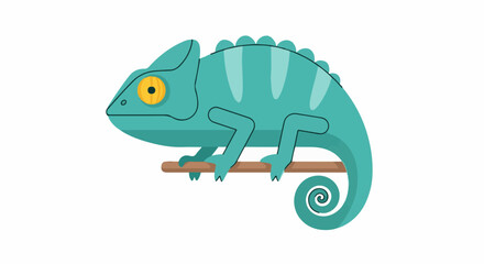 Naklejka premium A teal-colored chameleon with a yellow eye perches on a brown branch