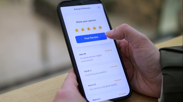 Hand tapping a 5-star rating and posting a review on a mobile app. Satisfaction confirmed with a success screen. Ideal for customer feedback, app UX, and consumer engagement stock video.