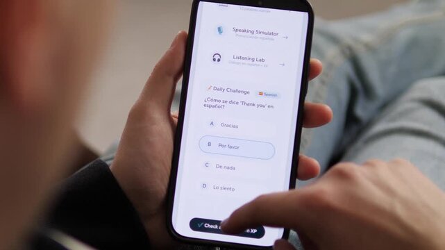 Learn Spanish on the go. Person using a language learning app to complete a daily challenge. Interactive UI showing quiz questions and XP rewards. Perfect for e-learning, education tech, and digital
