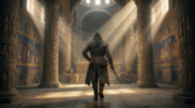 Assassin's creed mirage stealthy protagonist walking through ancient egyptian temple ruins sunbeams