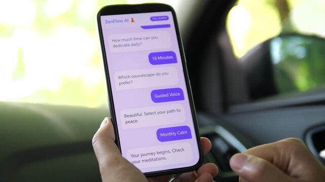 a user customizing their meditation session with AI guidance. The interface chooses a guided voice soundscape and a monthly calm plan. Ideal for illustrating self-care, relaxation, and digital