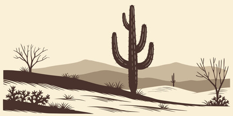 Artistic sketch of a desert horizon with various cacti silhouettes of barren trees layered mountain ranges in the background hand drawn landscape mountains illustration wilderness outdoors © Abu