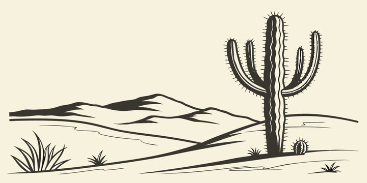 Hand drawn desert landscape sketch with saguaro cactus and distant mountain peaks landscape mountains southwest wilderness environment succulent vegetation illustration majestic