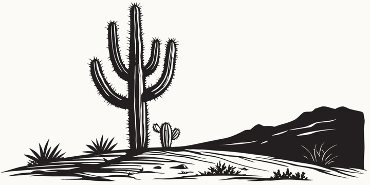 High contrast desert landscape illustration featuring saguaro cactus and mountain range landscape mountain wilderness southwest succulent vegetation illustration environment