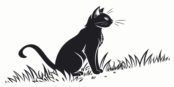 Black cat silhouette sitting in grass field illustration animal graphic with silhouette illustration whiskers side view domestic predator peaceful minimalist wildlife watching