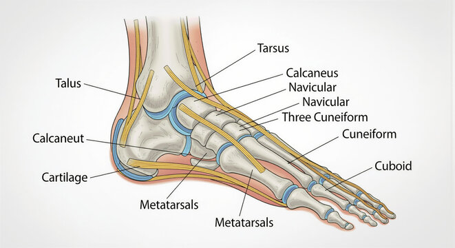 Detailed anatomy of the human ankle joint with labeled bones and cartilage showing the tarsus calcaneus talus and metatarsals.