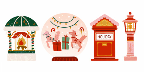 Holiday scenes with carousel snow globe post box and lantern illustration © Sabuj