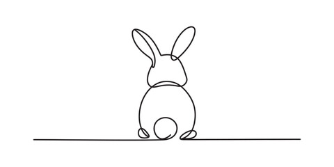 Minimalist continuous single line drawing of a cute rabbit back view sitting down for modern artistic home decor and creative minimalist graphic design Vector, illustration © Single Outline 