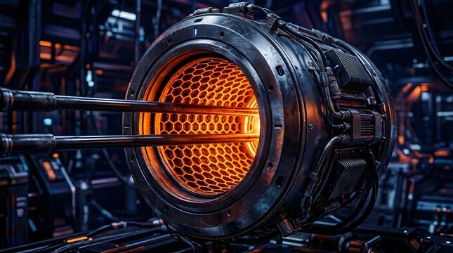 Industrial nuclear fusion reactor core with glowing orange honeycomb interior