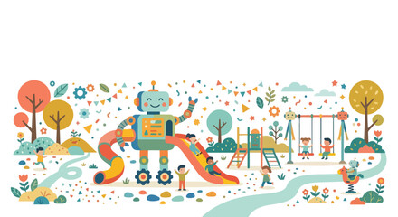 Fototapeta premium A charming vector illustration depicts a futuristic playground where diverse children and friendly robots play together amidst colorful autumn trees.