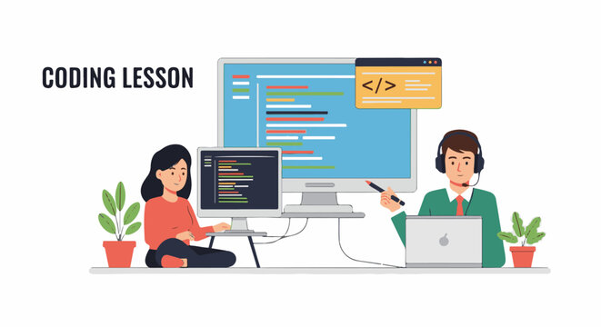 A woman and man in a coding lesson with computers