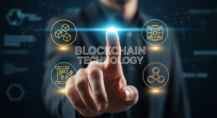 Fototapeta premium Blockchain technology concept, businessman touching virtual screen with digital ledger icons, decentralized network security