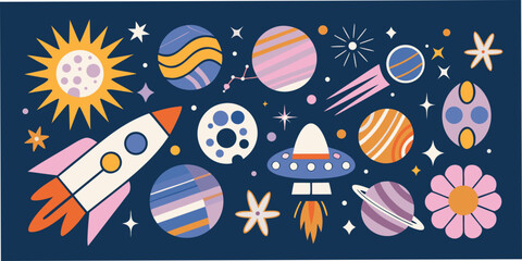 Planets Rocket And Sun Vector Illustration With A Dark Blue Background © Sabuj