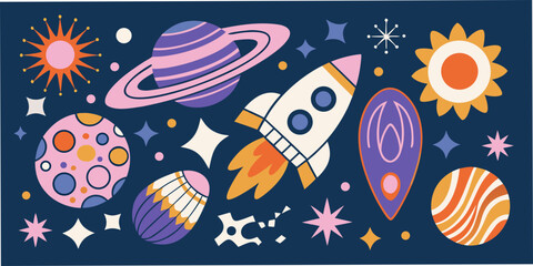 Cosmic Elements And Space Rocket Colorful Vector Illustration © Sabuj