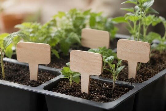 Blank wooden plant labels in a seedling tray