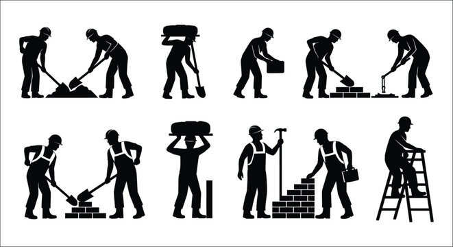 Construction worker silhouettes depict various tasks a black and white vector illustration set builder laborer