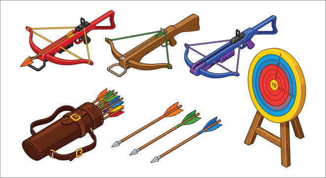 Vector illustration of crossbows arrows and a target with concentric rings colorful and detailed crossbow