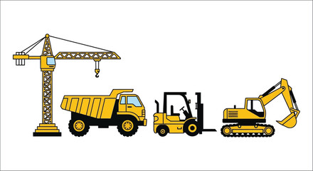 Obraz premium Construction equipment illustration featuring a tower crane dump truck bulldozer and excavator on a white background