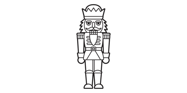 Black and white line art illustration of a classic wooden nutcracker soldier toy for christmas holiday decoration and traditional festive design projects Vector, illustration