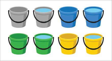 Colorful metal buckets with black handles arranged in a grid vector illustration pails containers vessels © vectors home