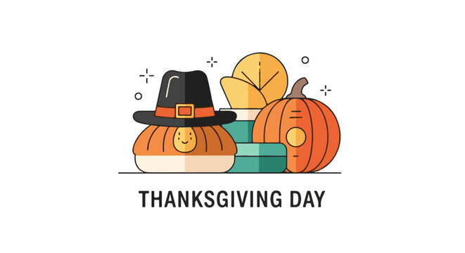 A Thanksgiving-themed graphic featuring a smiling pumpkin wearing a pilgrim hat alongside another pumpkin and a stack of turquoise plates with a yellow cornucopia on top