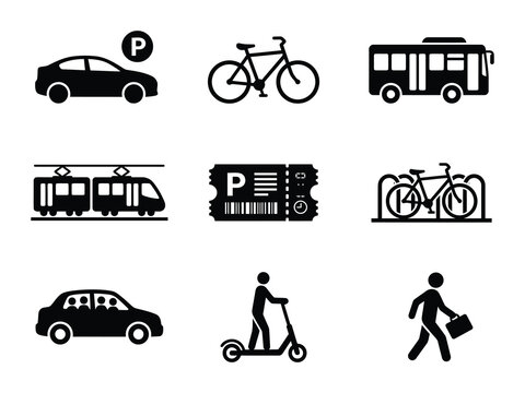 Corporate transportation icons set for urban mobility and parking solutions