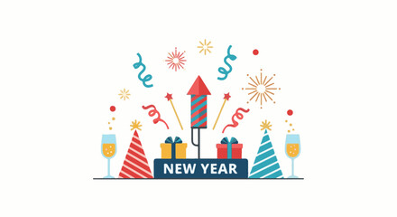 Obraz premium Colorful New Year's celebration graphic with fireworks, gifts, and champagne