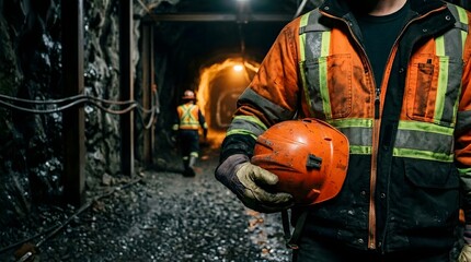 Obraz premium Underground coal miner holding safety helmet in dark tunnel industrial workplace safety