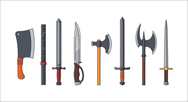 Collection of various bladed weapons a cleaver swords and axes in a flat vector illustration